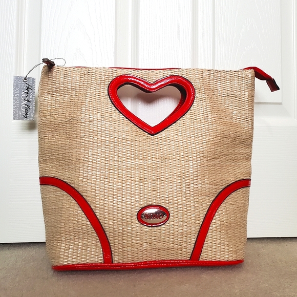 XOXO woven clutch bag natural bright red heart handle handbag imitation straw - Picture 2 of 15